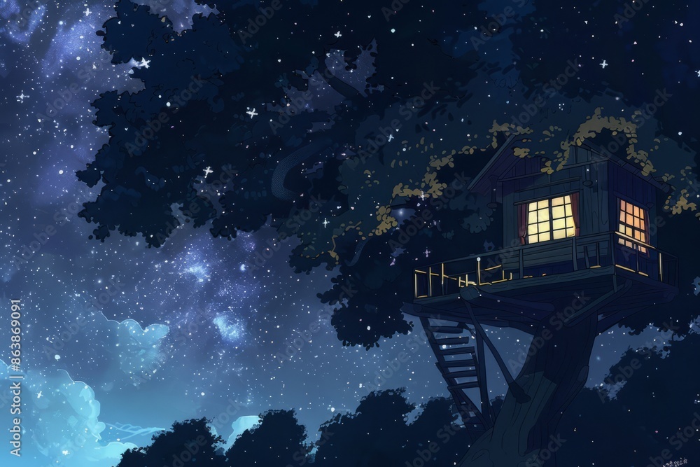 Fototapeta premium A treehouse with large windows overlooking a starry sky, cozy vibe, Generative AI