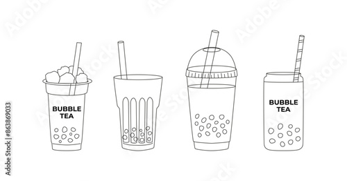 Outline bubble tea clipart. Tapioca milk tea, boba tea. Taiwanese traditional drink with tapioca balls. Line art drawing, sketch, contour. Coloring page.