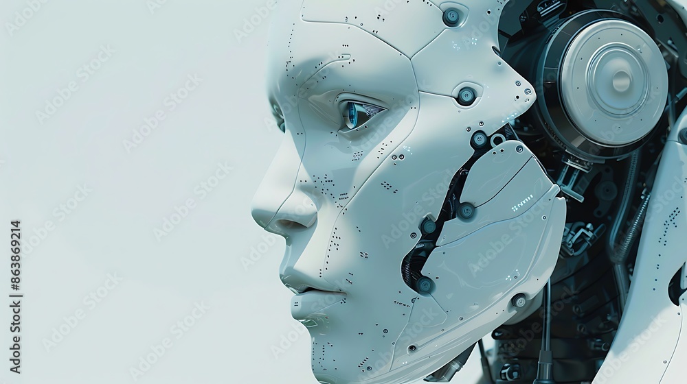 Close-up profile of a humanoid robot with visible mechanical parts, gazing thoughtfully. Close-up profile of a humanoid robot with visible mechanical parts, gazing thoughtfully.