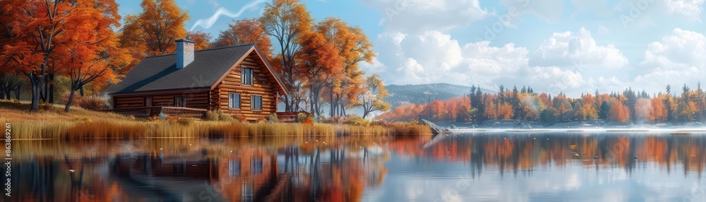 Cozy log cabin by a serene lake, reflection on water, autumn colors, smoke curling from chimney, hyperdetailed illustration Cozy log cabin by a serene lake, reflection on water, autumn colors, smoke curling from chimney, hyperdetailed illustration