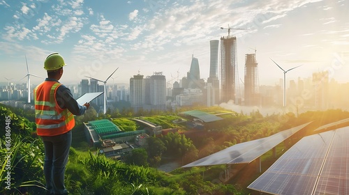 Fototapeta Naklejka Na Ścianę i Meble -  Construction worker overlooking a modern city with wind turbines and solar panels.
