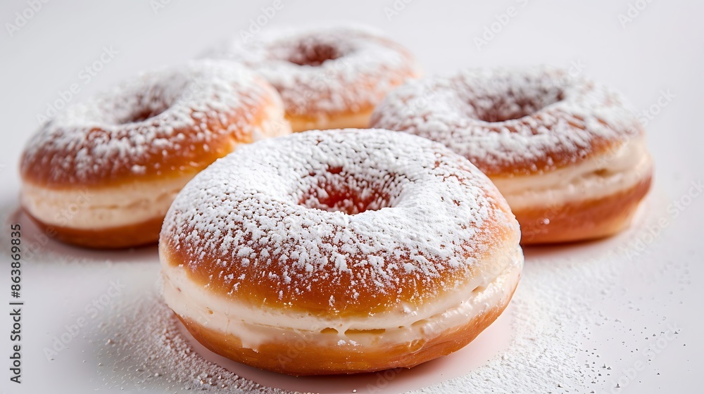 Four delicious donuts with powdered sugar and jelly filling, arranged on a white background. Four delicious donuts with powdered sugar and jelly filling, arranged on a white background.