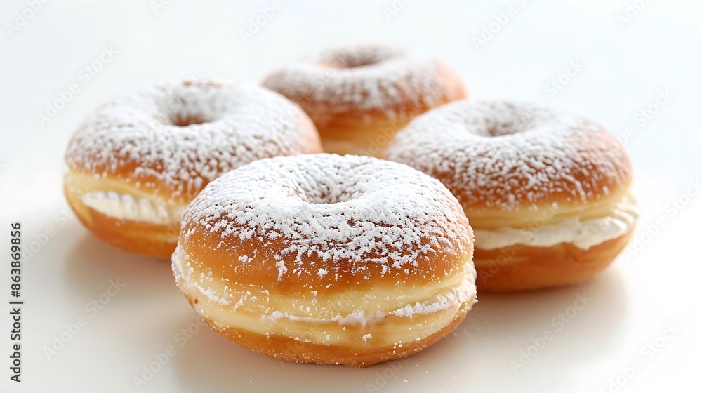 Four fluffy donuts with powdered sugar, arranged in a close-up shot on a white background. Four fluffy donuts with powdered sugar, arranged in a close-up shot on a white background.