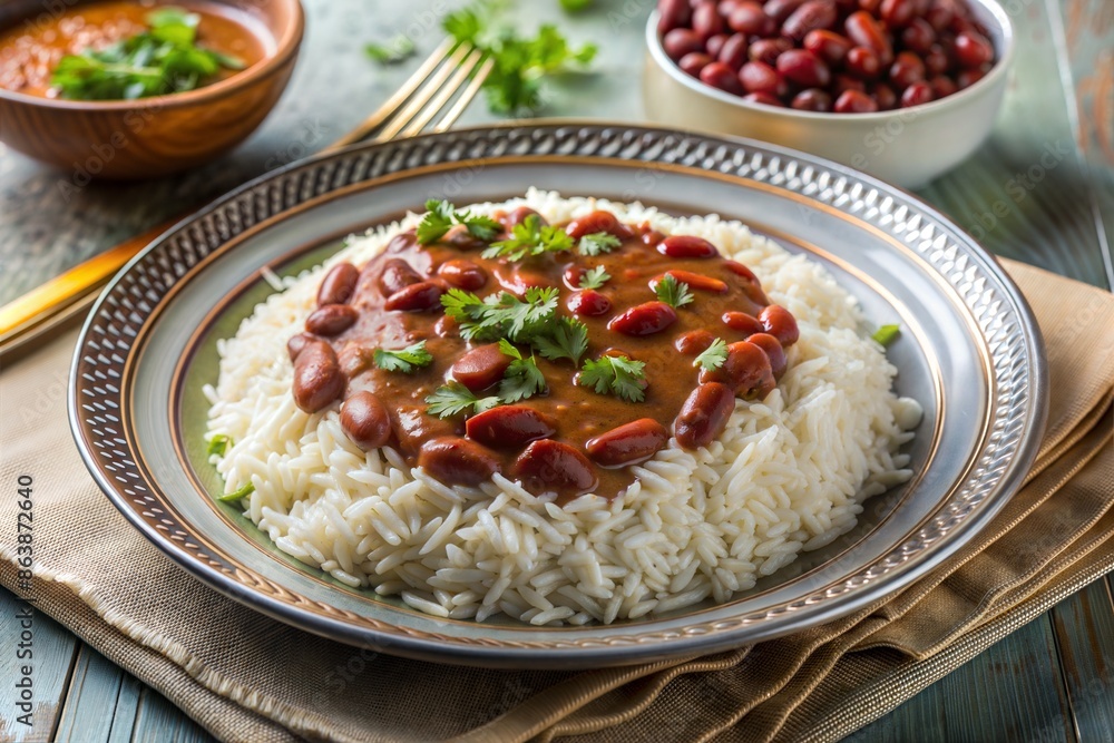 A delicious plate of rice and red kidney beans garnished with cilantro, served on a decorative plate A delicious plate of rice and red kidney beans garnished with cilantro, served on a decorative plate