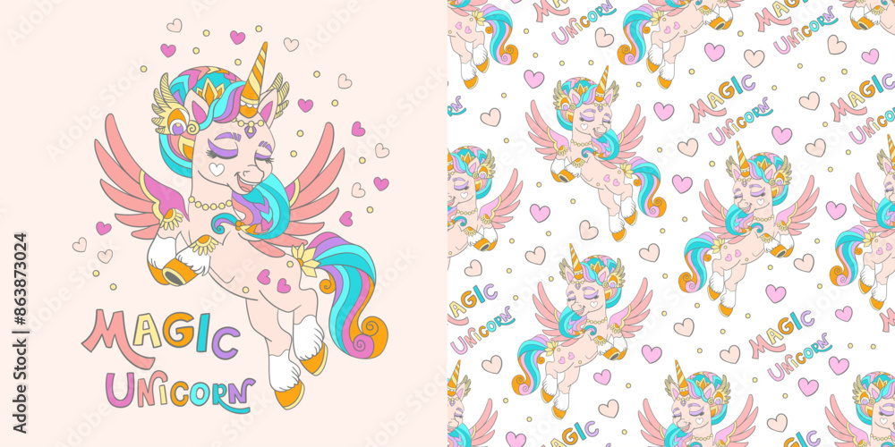 Unicorn with hearts illustration and seamless pattern vector set Unicorn with hearts illustration and seamless pattern vector set