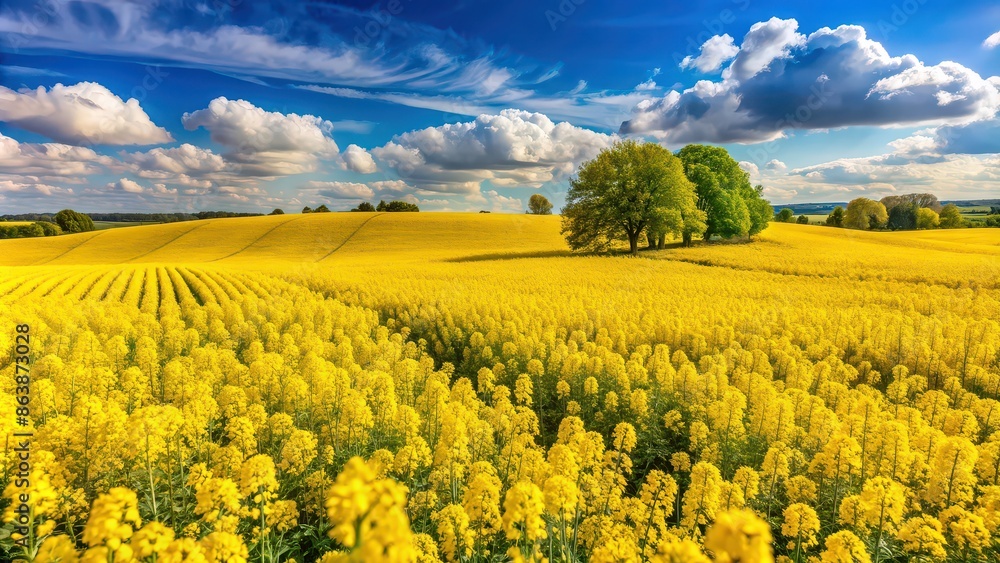 Obraz premium Vibrant rapeseed spring flowers blooming in a field , yellow, petals, agriculture, farm, countryside, landscape, flora