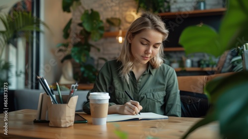 The woman writing in cafe photo