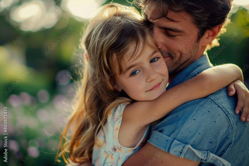 Happy father holding his little daughter outside, nice warm summer weather, happy atmosphere. Happy Son and Daughter Day on 11th Auust. Concept for Father's day, Family Day Happy father holding his little daughter outside, nice warm summer weather, happy atmosphere. Happy Son and Daughter Day on 11th Auust. Concept for Father's day, Family Day
