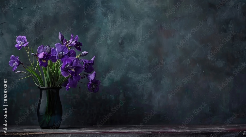 Purple flowers in vase on table against dark background with empty space Purple flowers in vase on table against dark background with empty space