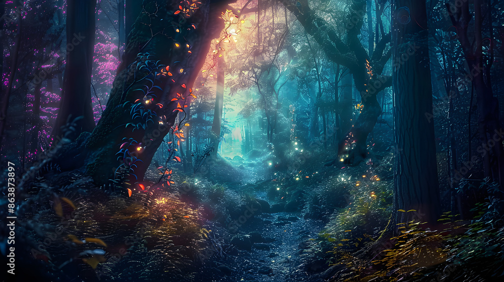 Fantasy wonderland landscape in dark forest Fantasy wonderland landscape in dark forest
