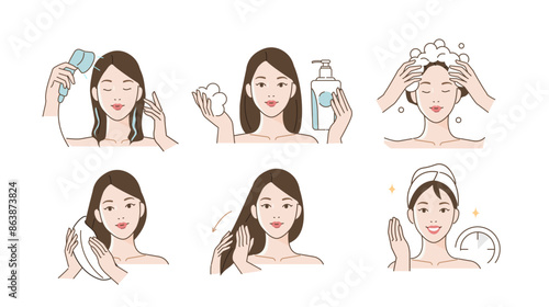 Haircare set. Collection of girl washing her hair, drying with towel and using treatment. Beauty and hygiene concept. Vector illustration.