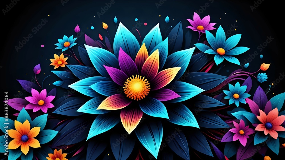 a dark background with various flowers in shades of purple, blue, and pink. The flowers have multiple petals and yellow centers. There are also green leaves and blue and purple swirls. a dark background with various flowers in shades of purple, blue, and pink. The flowers have multiple petals and yellow centers. There are also green leaves and blue and purple swirls.