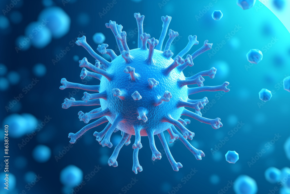A 3D rendering of a virus inside a cell, set against a blue background with a light blue gradient. Generative AI tools A 3D rendering of a virus inside a cell, set against a blue background with a light blue gradient. Generative AI tools