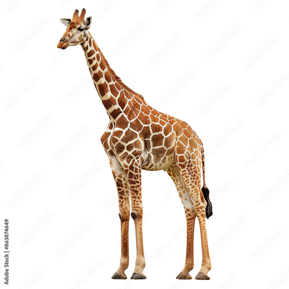 Obraz premium African adult giraffe standing isolated on white background. Side view.