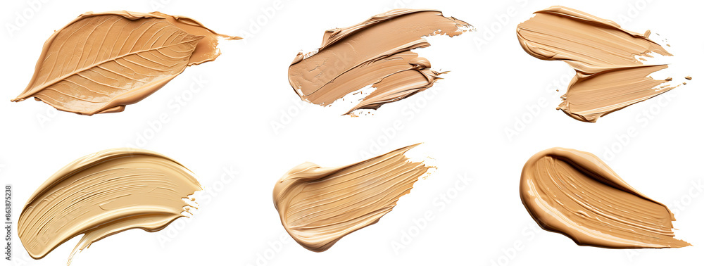 Set of paint brush stroke beige swatches of liquid foundation, Smears of liquid concealer for makeup elements design, isolated on white background, png Set of paint brush stroke beige swatches of liquid foundation, Smears of liquid concealer for makeup elements design, isolated on white background, png