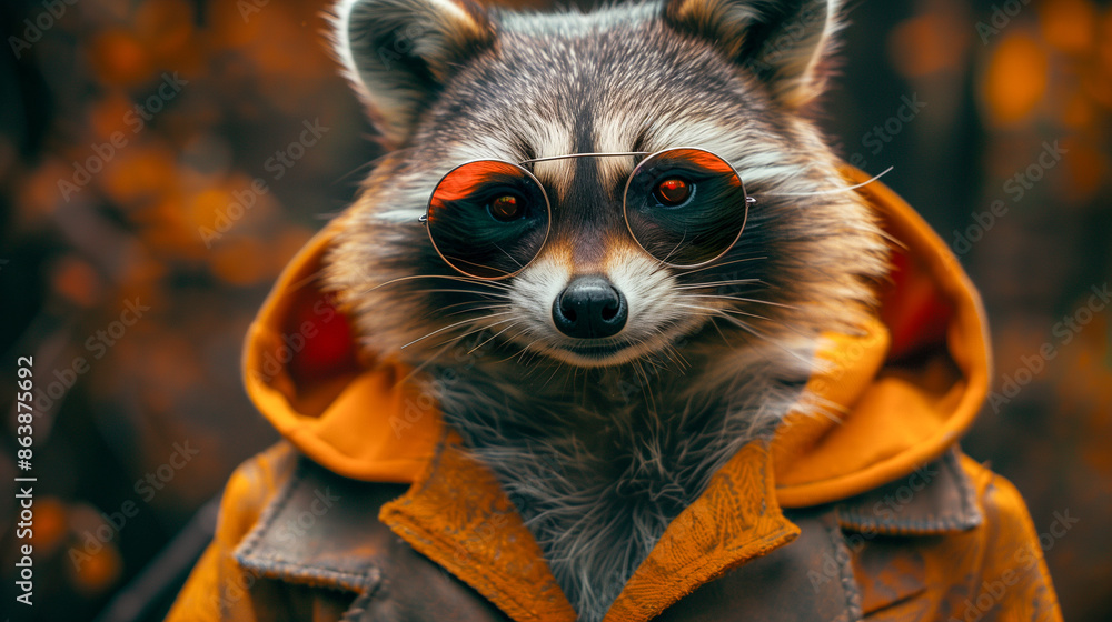 A raccoon wearing round sunglasses and a yellow hoodie poses for a close-up portrait in a forest setting A raccoon wearing round sunglasses and a yellow hoodie poses for a close-up portrait in a forest setting