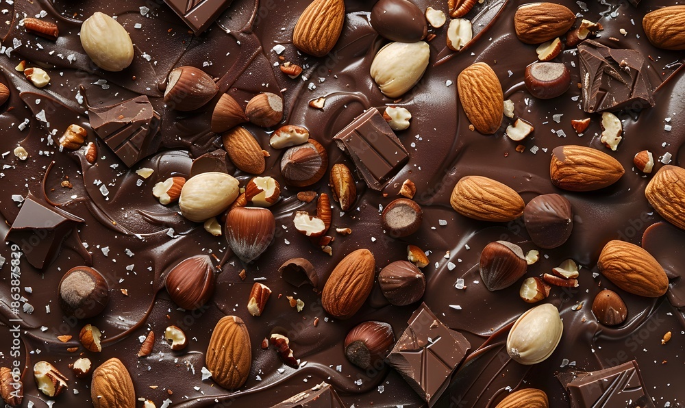 Various nuts scattered over melted chocolate, Generative AI Various nuts scattered over melted chocolate, Generative AI