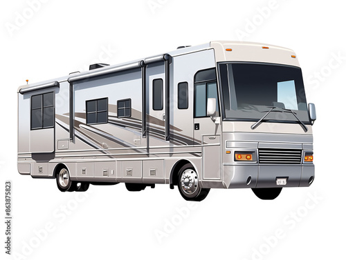 a white rv with a grey stripe