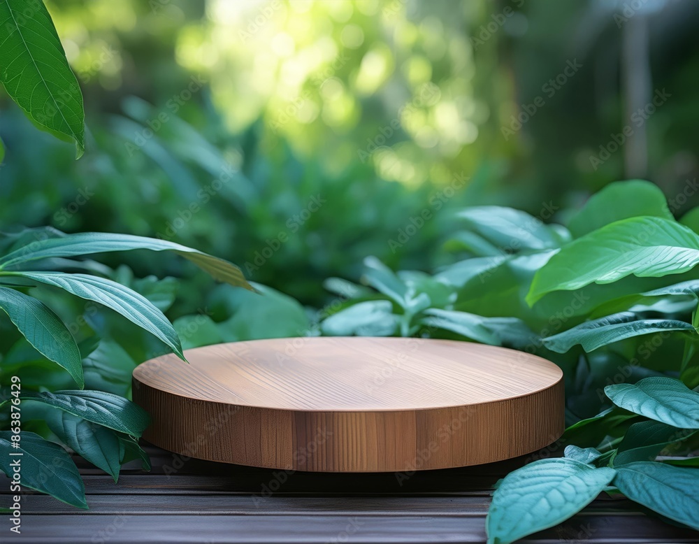 Garden scene with round wooden podium amidst green plants Garden scene with round wooden podium amidst green plants