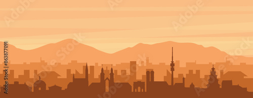 Brown panoramic poster of the city skyline with misty background buildings, sunrise, clouds and mountains of MUNICH, GERMANY