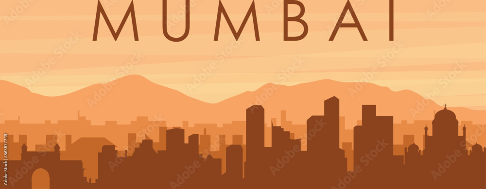 Brown panoramic poster of the city skyline with misty background buildings, sunrise, clouds and mountains of MUMBAI, INDIA Brown panoramic poster of the city skyline with misty background buildings, sunrise, clouds and mountains of MUMBAI, INDIA
