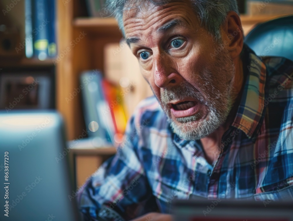 A person sitting at a computer, looking surprised A person sitting at a computer, looking surprised