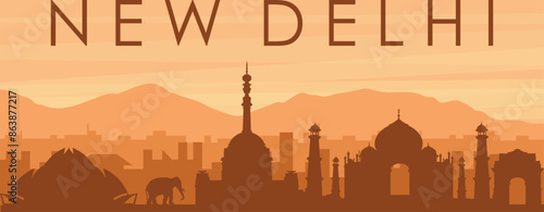 Brown panoramic poster of the city skyline with misty background buildings, sunrise, clouds and mountains of NEW DELHI, INDIA