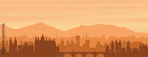Brown panoramic poster of the city skyline with misty background buildings, sunrise, clouds and mountains of PRAGUE, CZECH REPUBLIC