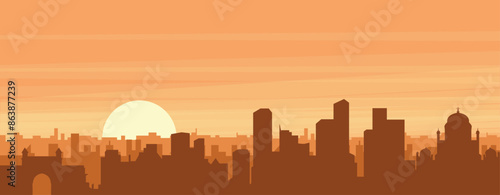 Brown panoramic poster of the city skyline with misty background buildings, sunrise, clouds and mountains of MUMBAI, INDIA