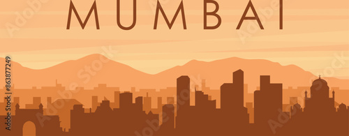 Brown panoramic poster of the city skyline with misty background buildings, sunrise, clouds and mountains of MUMBAI, INDIA