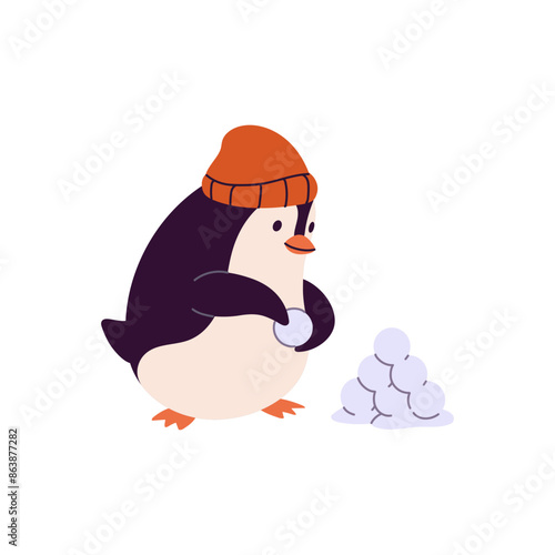 Happy penguin in hat makes snowballs. North bird baby sculpting to play snow fight in winter holidays. Cute polar animal has fun at Christmas vacations. Flat isolated vector illustration on white