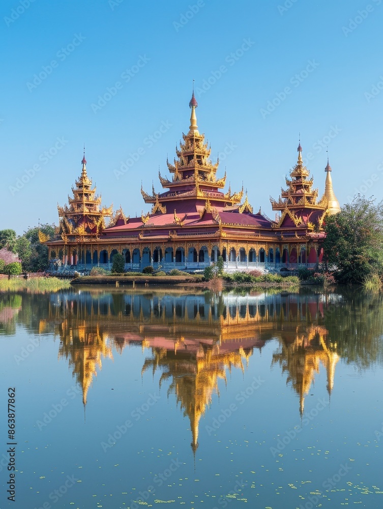 Naklejka premium Tranquil Reflection of Mandalay Royal Palace in Moat under Clear Sky
