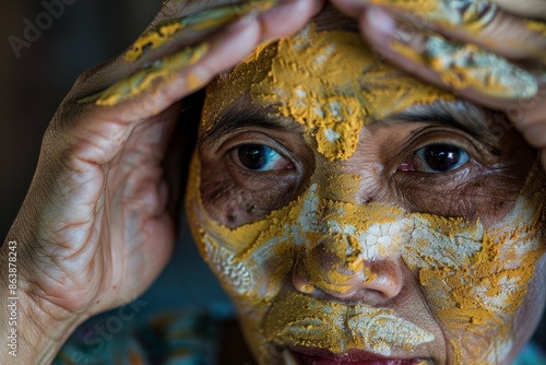 Traditional Burmese Woman Applying Thanaka Paste, Close-Up Portrait of Natural Cosmetic Application photo