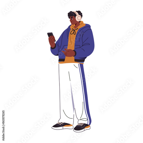 Happy black person listens to music with headphones. Boy with earphones enjoys for audio record, podcast on phone. Teen holds smartphone in hand. Flat isolated vector illustration on white background
