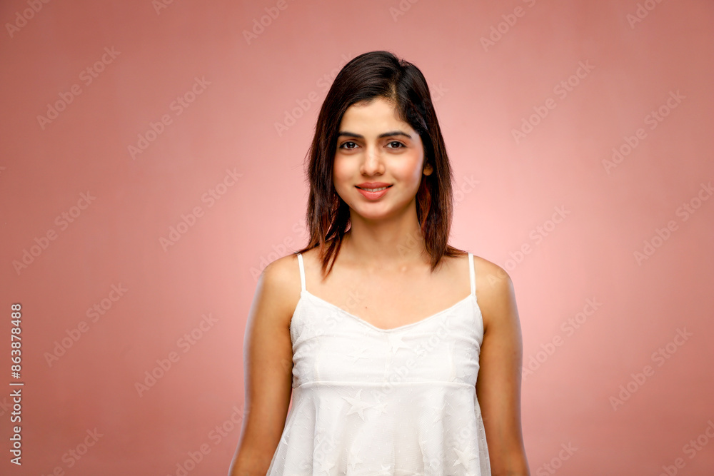 Front Pose Of Gorgeous Model In Western Wear On Pink Background Front Pose Of Gorgeous Model In Western Wear On Pink Background