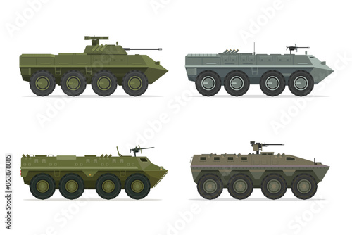 Detailed Flat Vector Illustration of Armored Personnel Carrier (APC), Side View, Military Vehicle Illustration