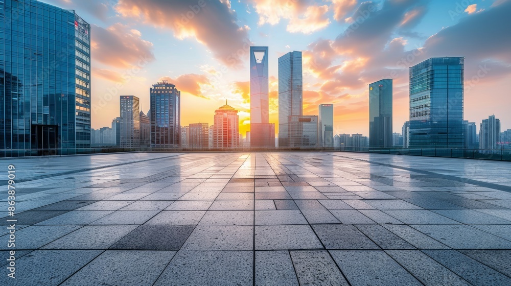 Empty square and city skyline with modern buildings at sunset in Suzhou, Jiangsu Province, China. Bird's eye view. Empty square and city skyline with modern buildings at sunset in Suzhou, Jiangsu Province, China. Bird's eye view.