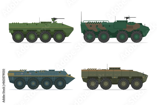 Detailed Flat Vector Illustration of Armored Personnel Carrier (APC), Side View, Military Vehicle Illustration