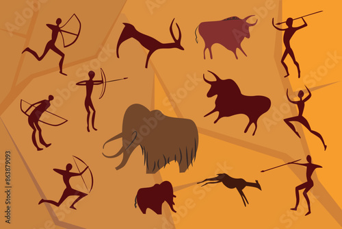 Vector illustration of rock paintings.Cartoon scenes of drawings of primitive people hunters with bows and arrows, spears in various poses hunting animals:bison, mammoths, deer, antelopes.Paleolithic.