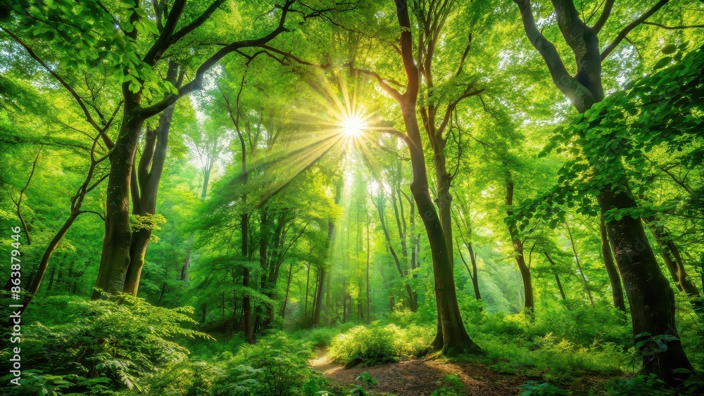 Naklejka premium A blurred background of a lush green forest with dappled sunlight shining through the leaves , nature, trees, forest