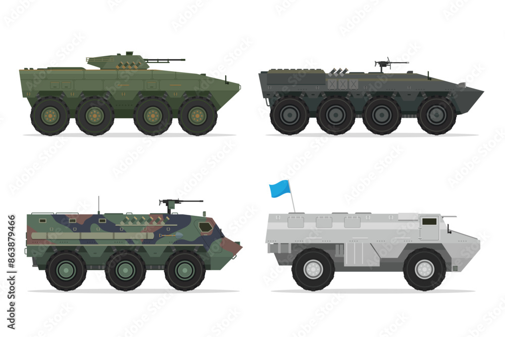 Obraz premium Detailed Flat Vector Illustration of Armored Personnel Carrier (APC), Side View, Military Vehicle Illustration