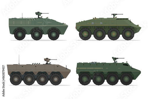 Detailed Flat Vector Illustration of Armored Personnel Carrier (APC), Side View, Military Vehicle Illustration