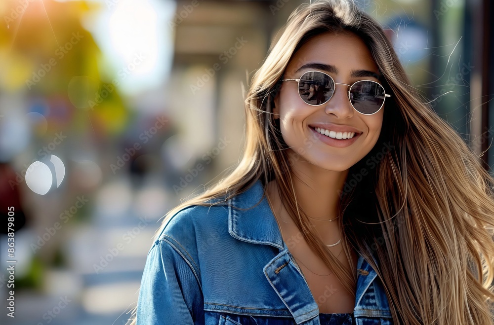 A woman in sunglasses smiling on the street. A woman in sunglasses smiling on the street.