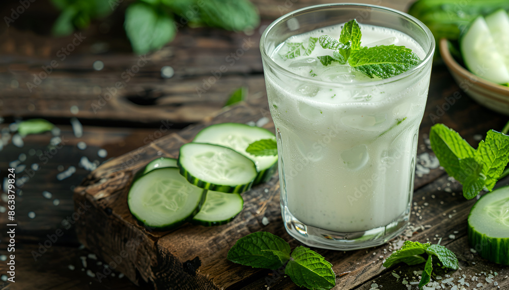 Ayran drink with mint and cucumber in glass on wooden table Ayran drink with mint and cucumber in glass on wooden table