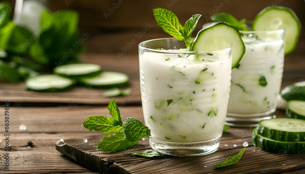 Ayran drink with mint and cucumber in glass on wooden table Ayran drink with mint and cucumber in glass on wooden table