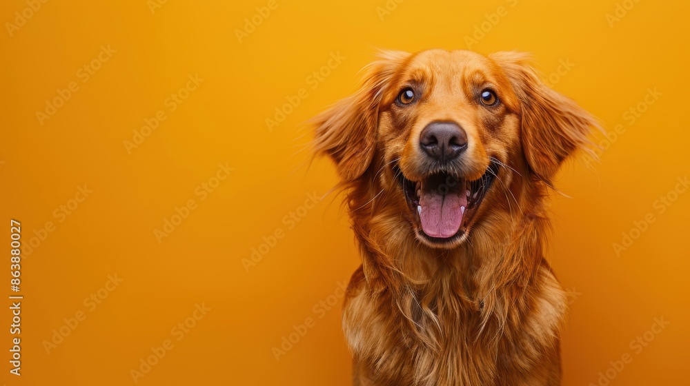 Fototapeta premium A joyful Golden Retriever with floppy ears, posing on a bright orange background, smiling widely with a happy and friendly expression, with copy space