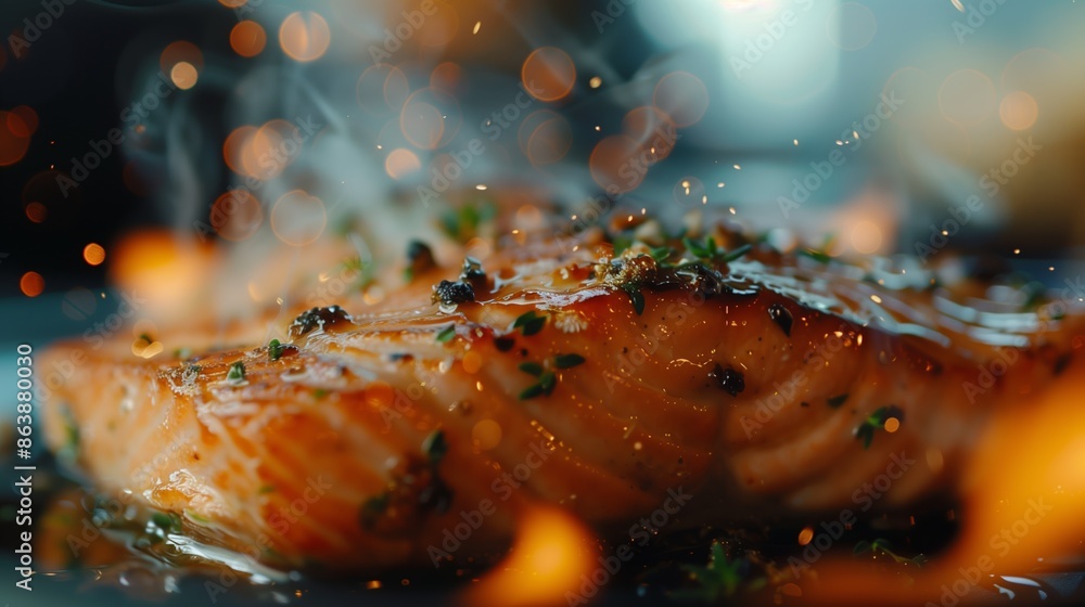 Close-up of salmon steak on a plate with a bokeh background Close-up of salmon steak on a plate with a bokeh background