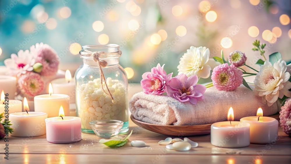 Ethereal merging of calming spa ambiance with beauty essentials, featuring soft focus flowers, candles, and skincare products in a serene, dreamy, pastel-hued atmosphere. Ethereal merging of calming spa ambiance with beauty essentials, featuring soft focus flowers, candles, and skincare products in a serene, dreamy, pastel-hued atmosphere.