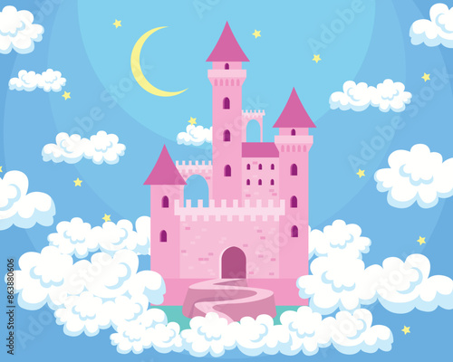 Vector illustration of a cute fairy castle. Cartoon scene of wonderful pink princess castle with towers, walkway, among white clouds, yellow stars, crescent moon isolated on light blue background.