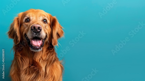 A happy golden retriever sitting on a solid blue background with copy space